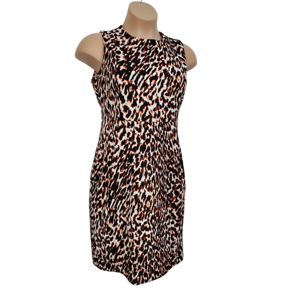 Calvin Klein Size 14 Elegant Sleeveless Scuba Animal Print Leopard Sheath Dress - Picture 2 of 15